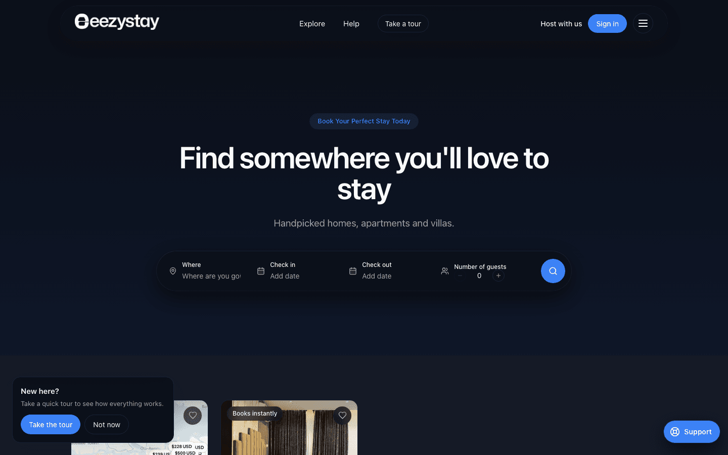 Home page with search by place, dates and guests